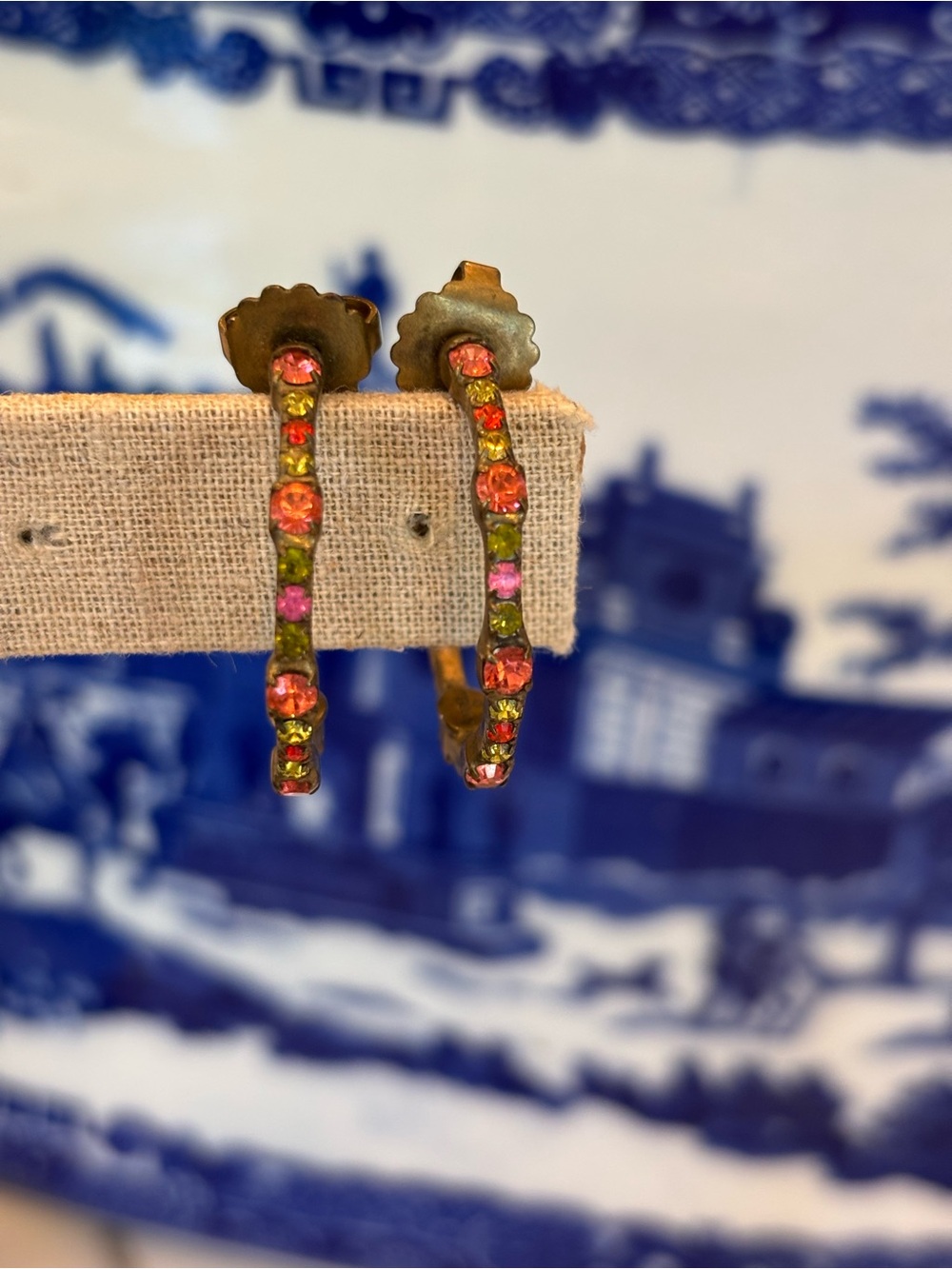 Colorful Crystal Hoop Earrings - Pink, Orange & Green Stones